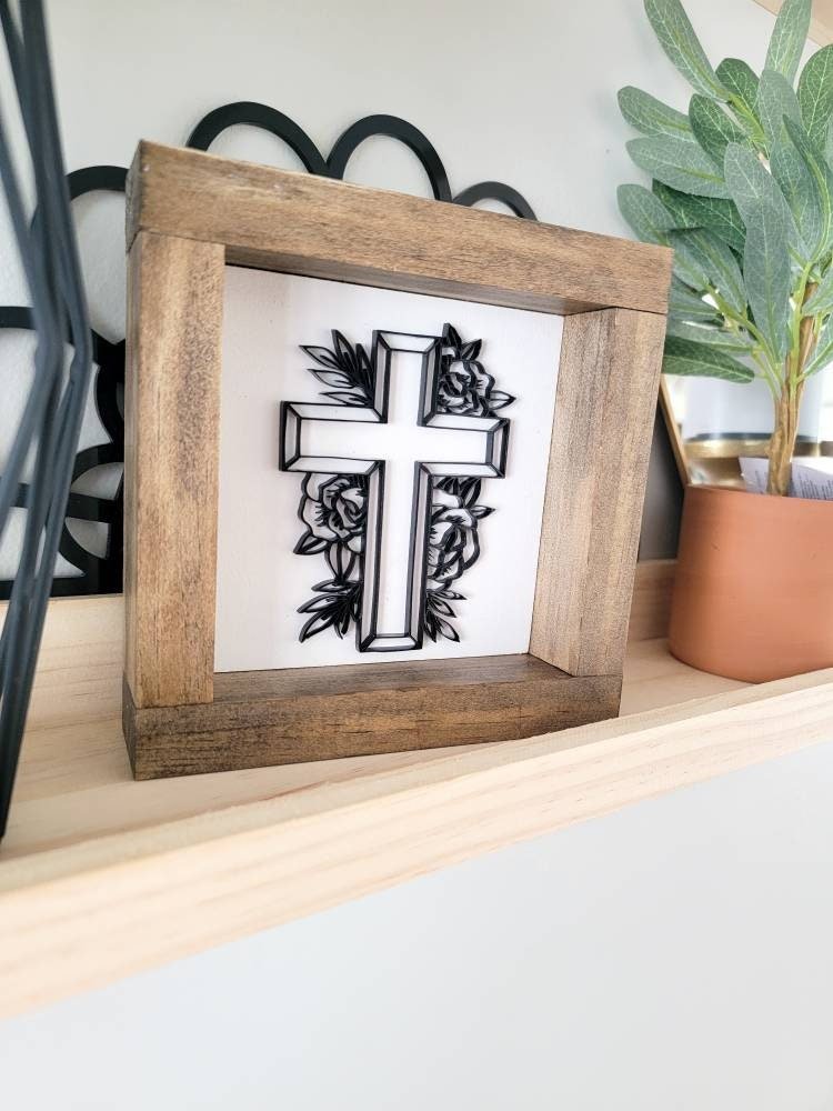 3D Floral Cross Christian Easter Wood Sign - Pearline Design Co