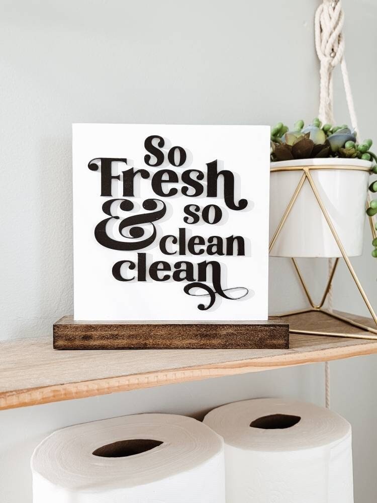 3d wood and acrylic Fresh and Clean | Wood Word cutout / Farmhouse | powder Room Sign/ half bath/ funny bathroom sign / funny wood sign / - Pearline Design Co