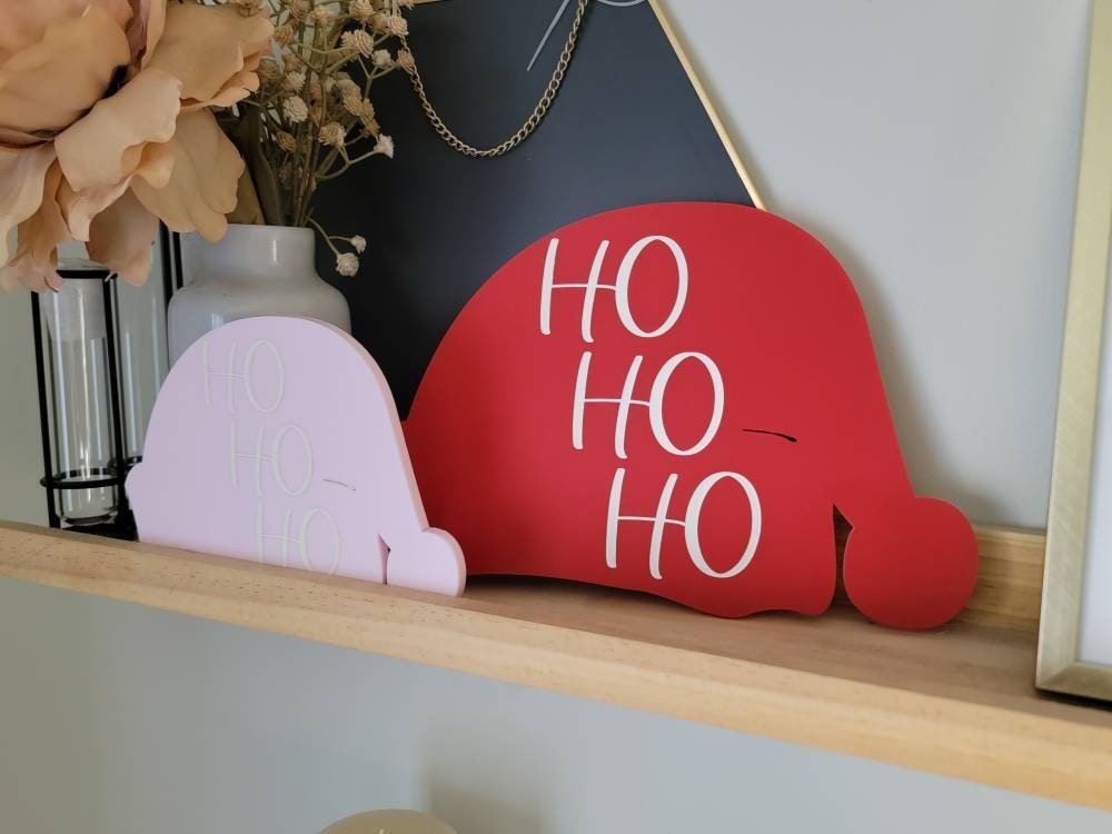 Acrylic Santa Hat Engraved HO HO HO/ Kids Christmas Decor/ Holiday Party Sign/ Fun Christmas Decor/Modern Holiday Sign/ Boho Christmas - Pearline Design Co