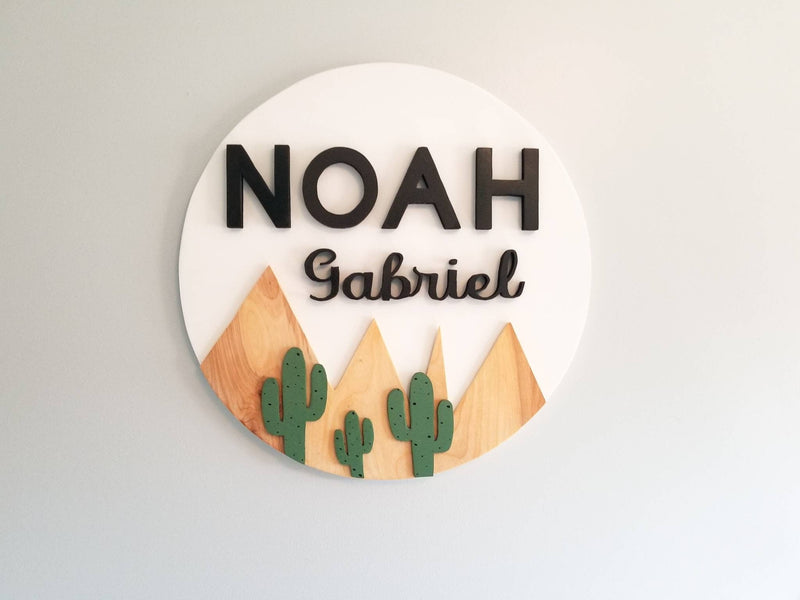 Boho Boys Desert Cactus Nursery Circle Sign / Nursery Sign / All Wood Nursery Sign / Nursery Name Plate / Name Plate / Boho Nursery - Pearline Design Co