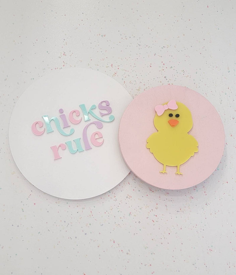 Easter Chick 3d Acrylic and Wood Sign/ Easter Sign/ Kids Easter Shelf Sign/ Holiday Sign/ girls easter Sign/ Easter welcome sign/ Girls Rule - Pearline Design Co