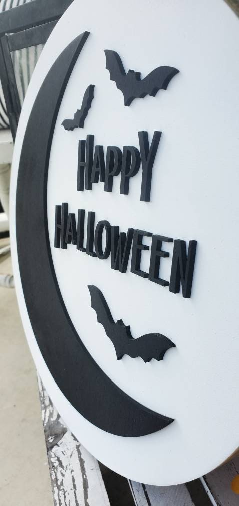 Happy Halloween Moon 3D Circle Wood Sign/ Fall Decor/ halloween Sign/ Fall Wood Sign/ Front Porch Sign/ Front Door Sign/ Halloween decor - Pearline Design Co