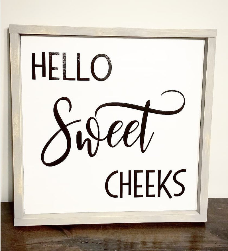 Hello Sweet Cheeks Wood Sign | powder room sign/ half bath sign | funny bathroom sign / powder room / sweet Cheeks sign - Pearline Design Co