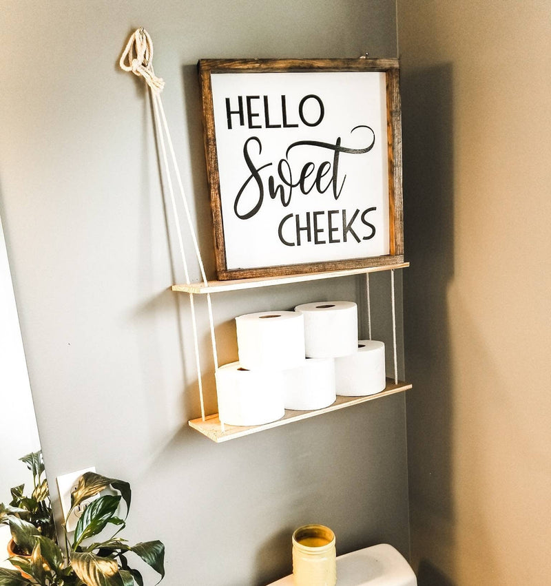 Hello Sweet Cheeks Wood Sign | powder room sign/ half bath sign | funny bathroom sign / powder room / sweet Cheeks sign - Pearline Design Co