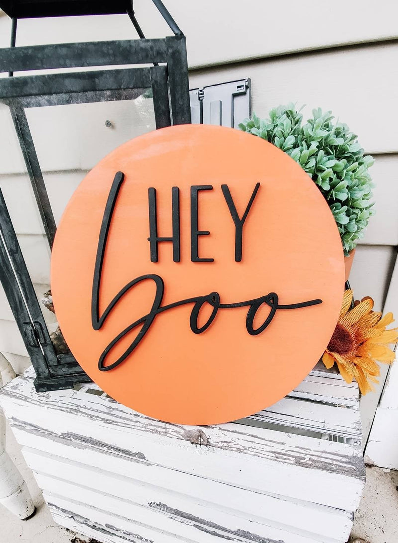 Hey Boo Halloween 3D Circle Wood Sign/ Fall Decor/ halloween Sign/ Fall Wood Sign/ Front Porch Sign/ Front Door Sign/ Halloween decor - Pearline Design Co