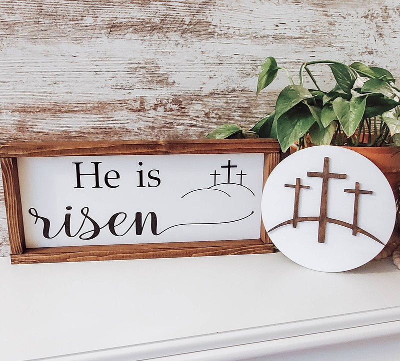 Jesus Crucifixion 3 Crosses on the Hill Wood Circle Sign/ Jesus Easter / He Is Risen/ Wood Cross Sign/ Wood Cross/ Jesus Shelf Sign - Pearline Design Co