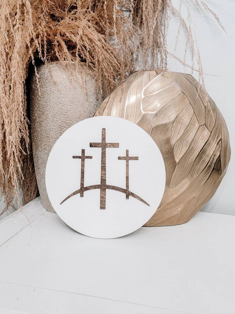 Jesus Crucifixion 3 Crosses on the Hill Wood Circle Sign/ Jesus Easter / He Is Risen/ Wood Cross Sign/ Wood Cross/ Jesus Shelf Sign - Pearline Design Co