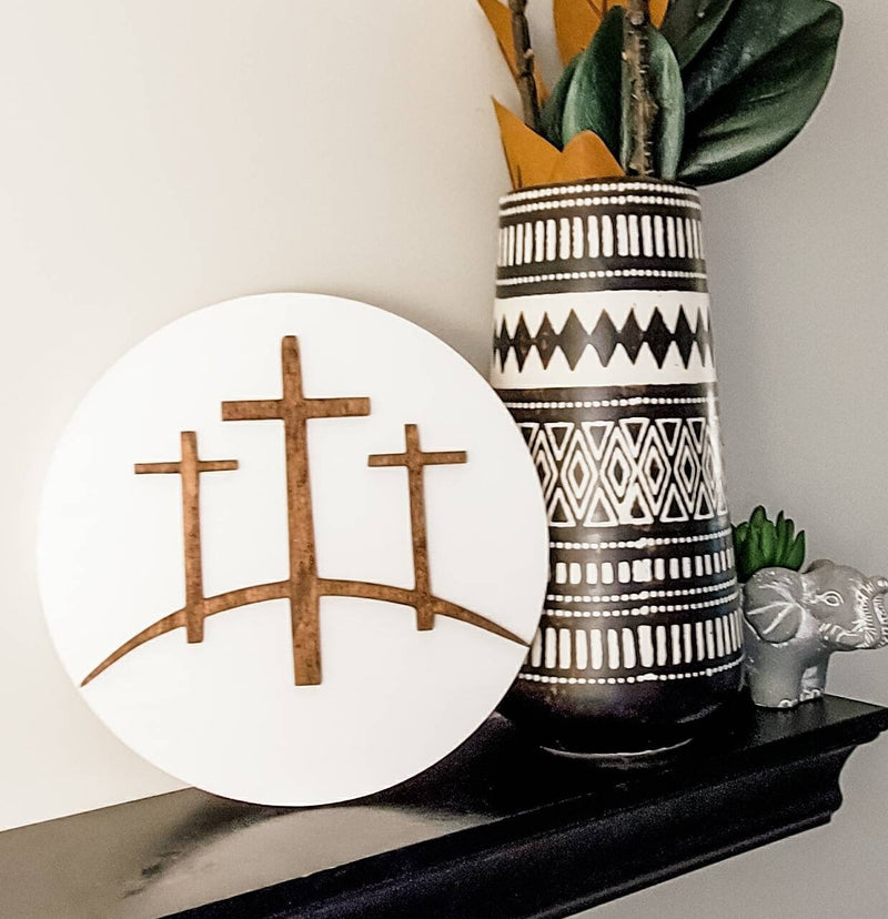 Jesus Crucifixion 3 Crosses on the Hill Wood Circle Sign/ Jesus Easter / He Is Risen/ Wood Cross Sign/ Wood Cross/ Jesus Shelf Sign - Pearline Design Co