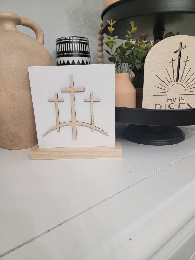 Jesus Crucifixion 3 Crosses on the Hill Wood Shelf Sitter Sign/ Jesus Easter / He Is Risen/ Wood Cross Sign/ Wood Cross/ Jesus Shelf Sign - Pearline Design Co