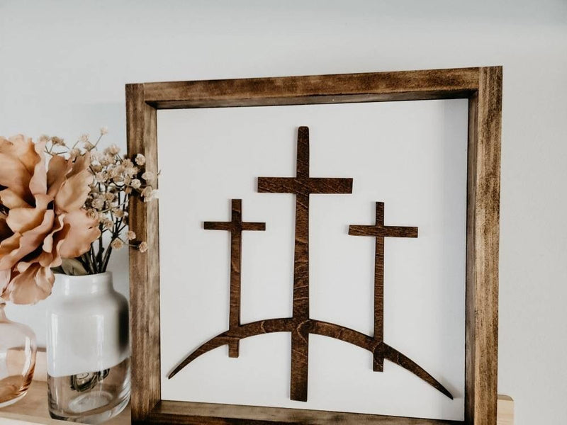 Jesus Crucifixion 3 Crosses on the Hill Wood Shelf Sitter Sign/ Jesus Easter / He Is Risen/ Wood Cross Sign/ Wood Cross/ Jesus Shelf Sign - Pearline Design Co