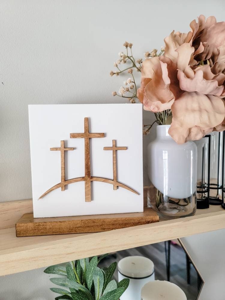 Jesus Crucifixion 3 Crosses on the Hill Wood Shelf Sitter Sign/ Jesus Easter / He Is Risen/ Wood Cross Sign/ Wood Cross/ Jesus Shelf Sign - Pearline Design Co