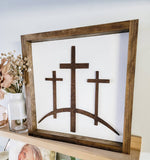 Jesus Crucifixion 3 Crosses on the Hill Wood Shelf Sitter Sign/ Jesus Easter / He Is Risen/ Wood Cross Sign/ Wood Cross/ Jesus Shelf Sign - Pearline Design Co