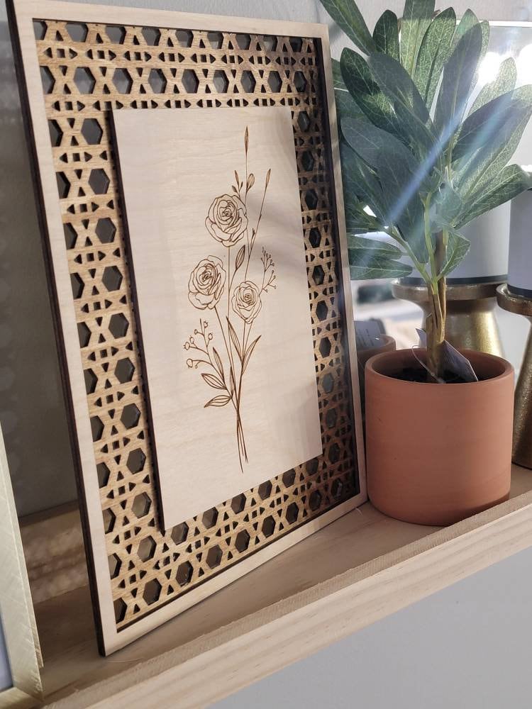 Rattan Floral Bunch engraved Shelf Wood Sign / Boho Easter Decor / Floral Spring Sign / Floral Spring Decor/ Flower bunch sign/ flower - Pearline Design Co