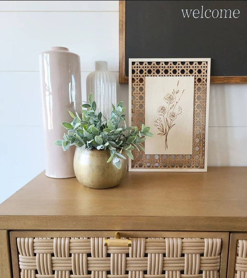 Rattan Floral Bunch engraved Shelf Wood Sign / Boho Easter Decor / Floral Spring Sign / Floral Spring Decor/ Flower bunch sign/ flower - Pearline Design Co