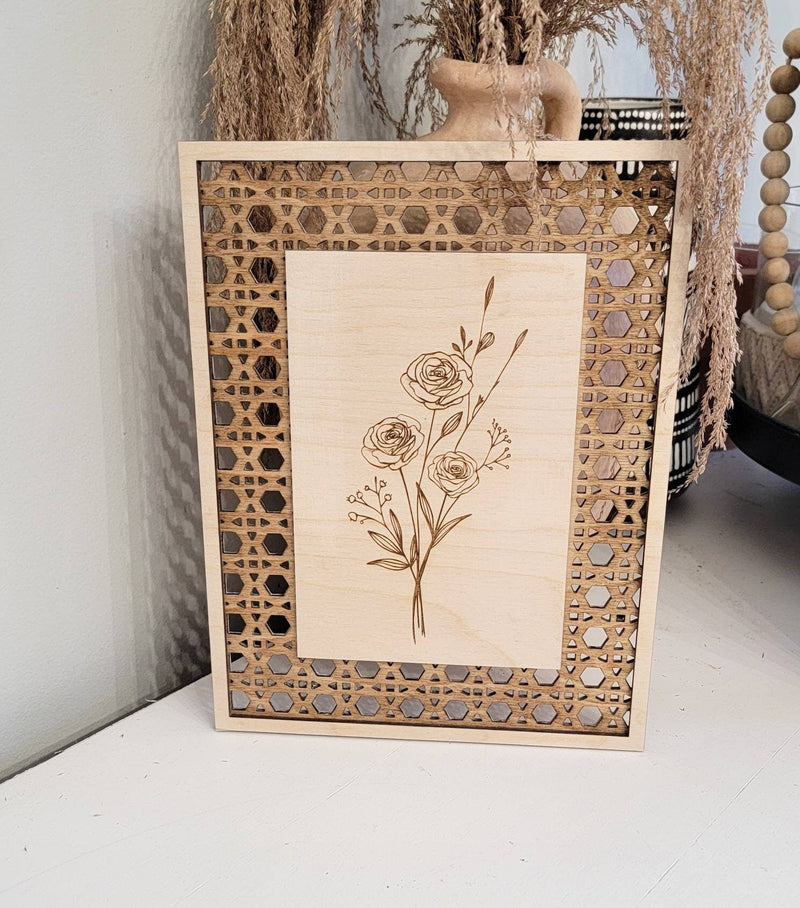 Rattan Floral Bunch engraved Shelf Wood Sign / Boho Easter Decor / Floral Spring Sign / Floral Spring Decor/ Flower bunch sign/ flower - Pearline Design Co