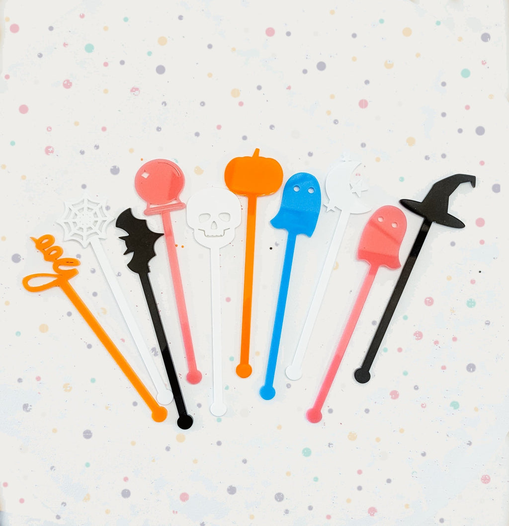 Set of 10 Halloween Party Swizzle Sticks/ Stir Sticks/ Kids Halloween Party Kit/ Halloween Party Decor/ Pink Party/ Kids Halloween Birthday - Pearline Design Co