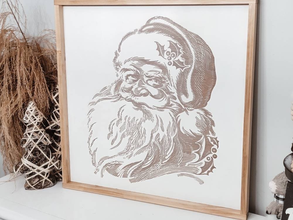 Vintage Santa Engraved Wood Framed Sign/ Christmas Sign/ Large Christmas Sign/ Mantle Picture/ Large Holiday Sign/ Santa Photo - Pearline Design Co