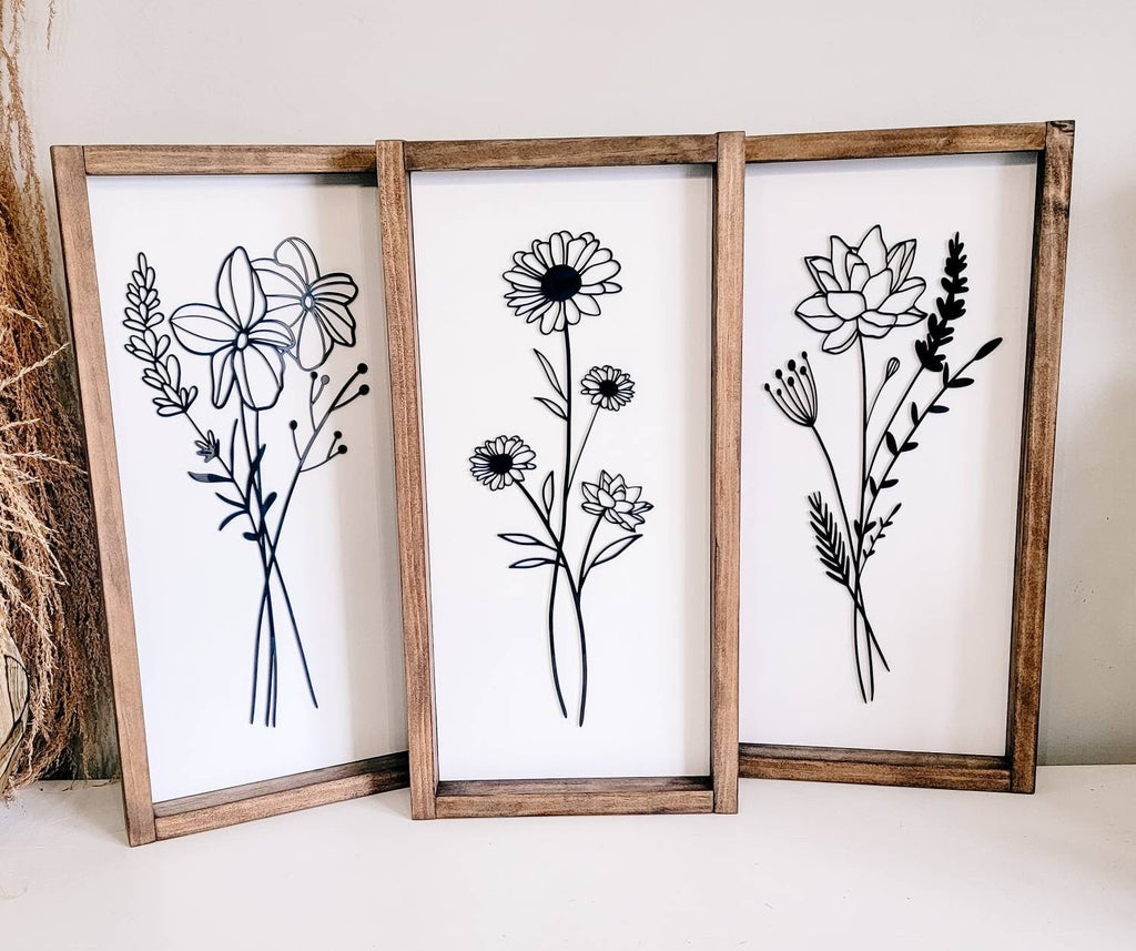 Wildflower Botanical Set of 3 Floral Wood Acrylic Sign, Boho Decor, Plants, Plant Decor, Boho Wall Decor, Modern Boho, - Pearline Design Co